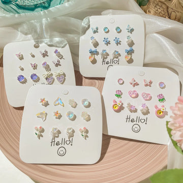DAIIIBABYYY  -  Cute Pink Heart Butterfly Cat Cartoon Stud Earrings Set for Women Fashion Girls Dreamy Bow Pearl Floral Earring Jewelry